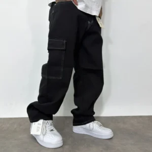 Cargo Jean Negro Hilo Blanco